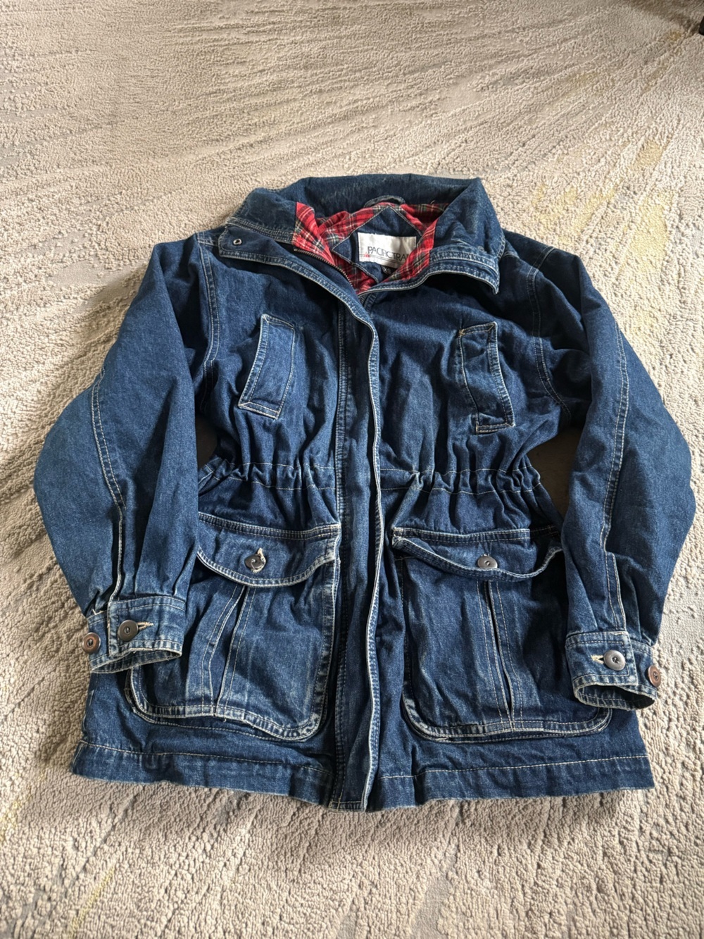 Vintage denim Jean barn jacket Red Plaid Quilted Lined Jacket XS
